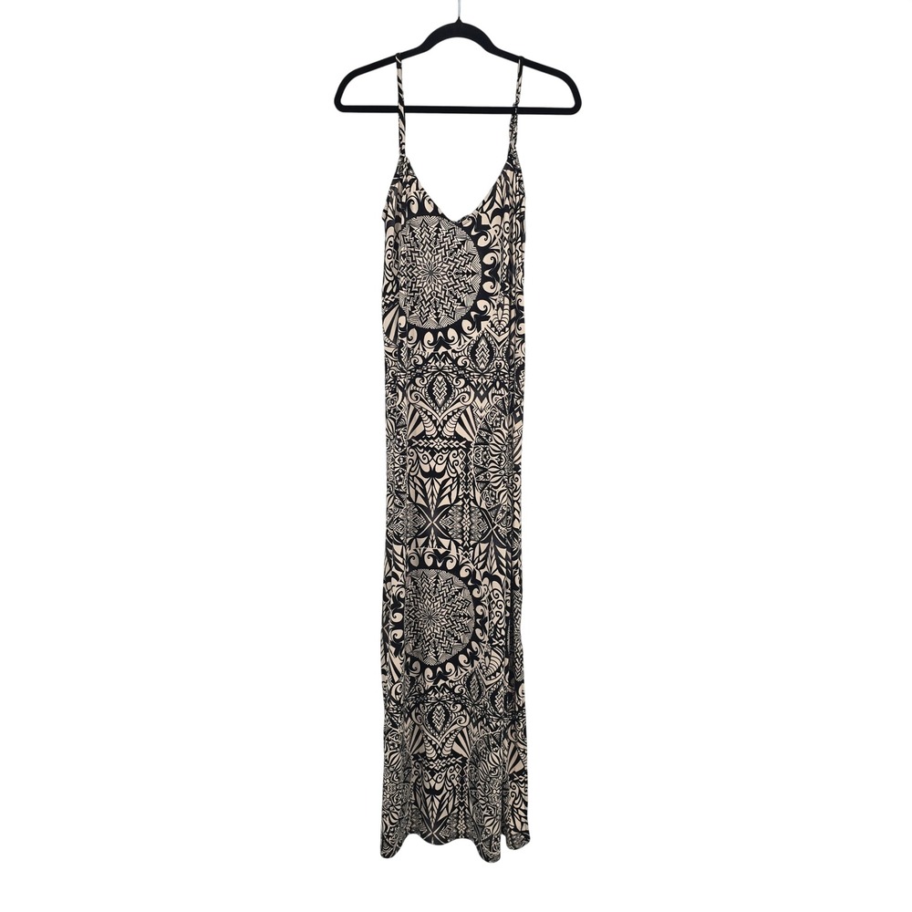 Jolie & Joy Womens Black Tan Geometric Mandala Print‎ Maxi Dress Side Slit Boho